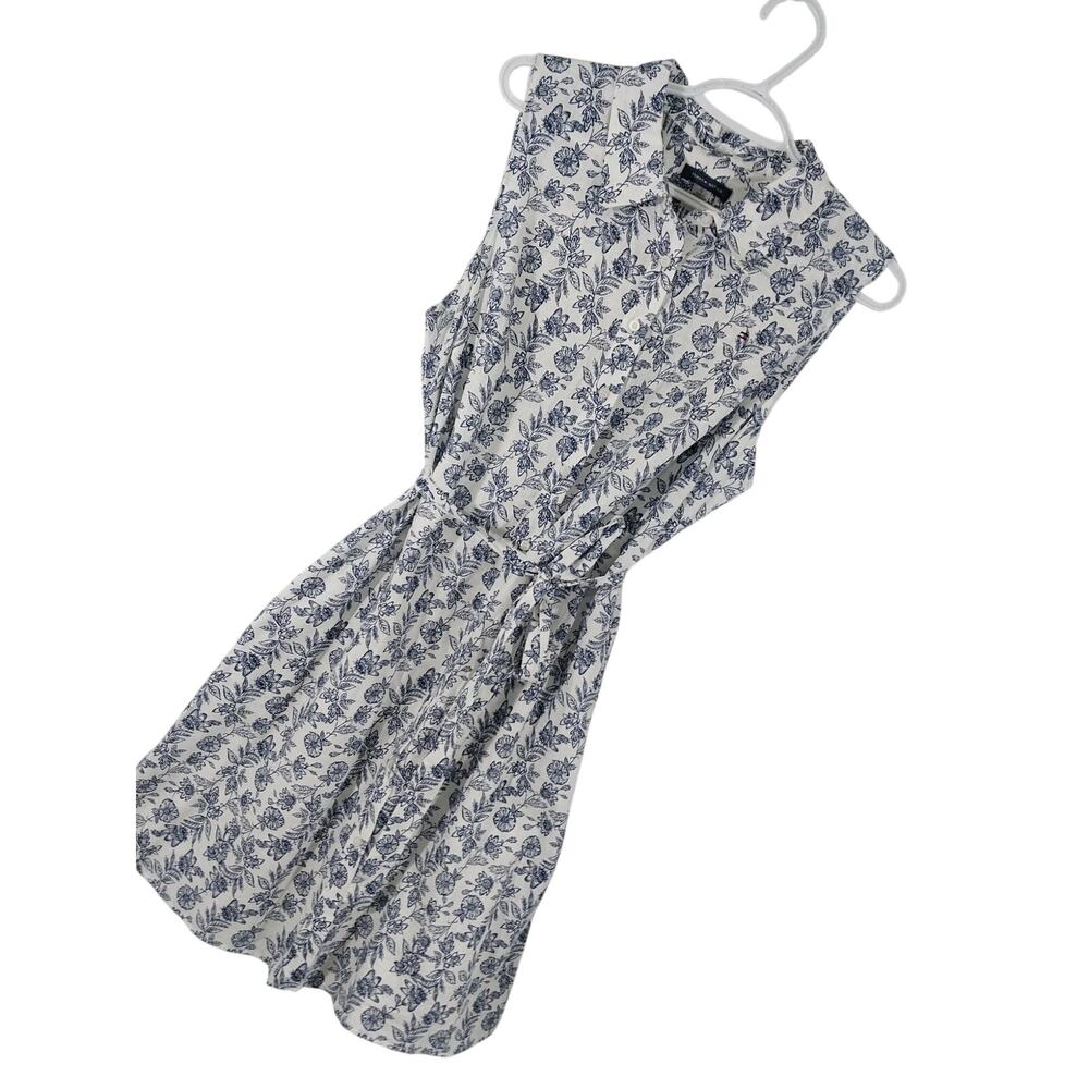 NWOT! TOMMY HILFIGER! LINEN & COTTON WHITE W/BLUE PETIT FLORAL BELTED DRESS! 12